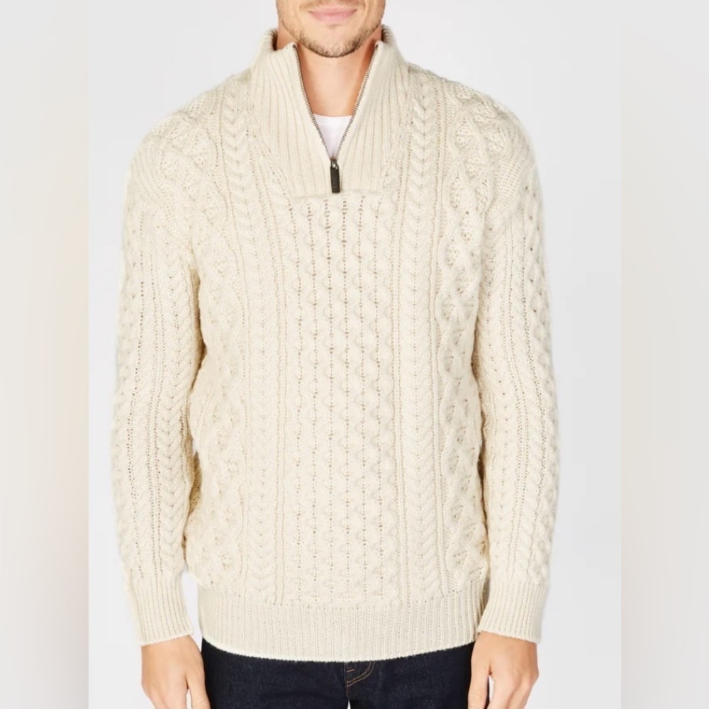 IrelandsEye Men’s Aran Knit 1/4 Zip  100% Merino Wool Turtleneck Sweater size L